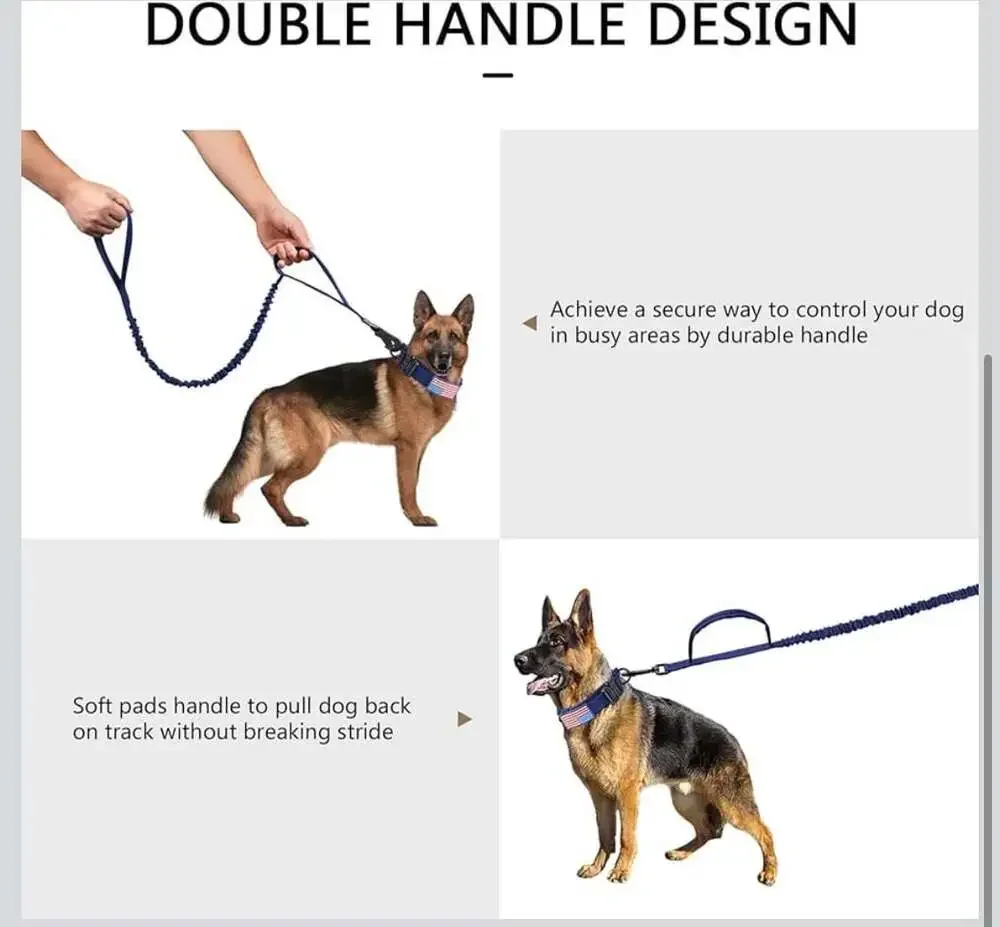 Tactical Dog Collar and Bungee Leash Set with AirTag Case and Patches, Navy Blue